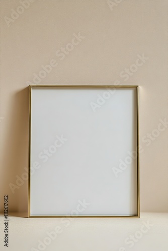 Blank gold-framed canvas on beige wall