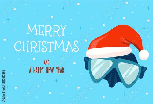 Greeting card with mask for scuba and free diving with red Santa hat. Merry Christmas and Happy New Year vector illustration.