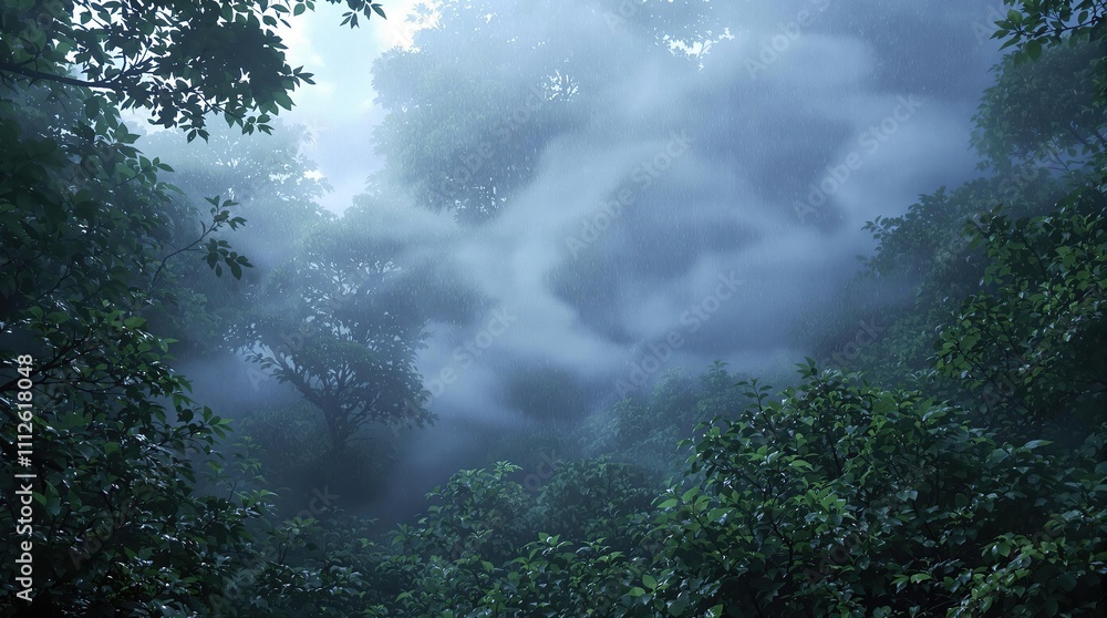 Fototapeta premium Abstract view of rain curtains in a deep forest environment, dreamlike, indistinct, weather patterns, atmospheric conditions, mysterious