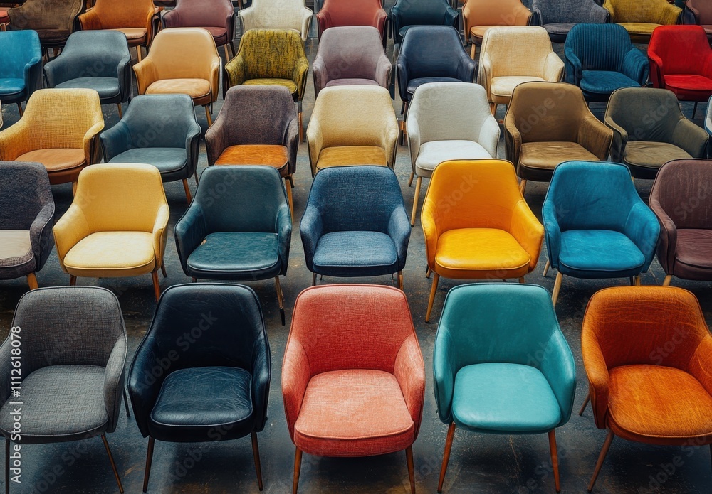 A Vibrant Collection of Upholstered Chairs in Diverse Colors and Styles Arranged in a Captivating Pattern for Interior Design Inspiration and Home Decor Aesthetics A Vibrant Collection of Upholstered Chairs in Diverse Colors and Styles Arranged in a Captivating Pattern for Interior Design Inspiration and Home Decor Aesthetics