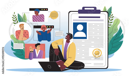 Remote recruitment concept. Man with video conference. HR manager at online interview. Hiring, headhunting and recruitment. Flat vector illustration