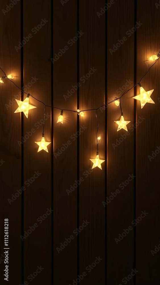 Star string lights on dark wood wall. Star string lights on dark wood wall.