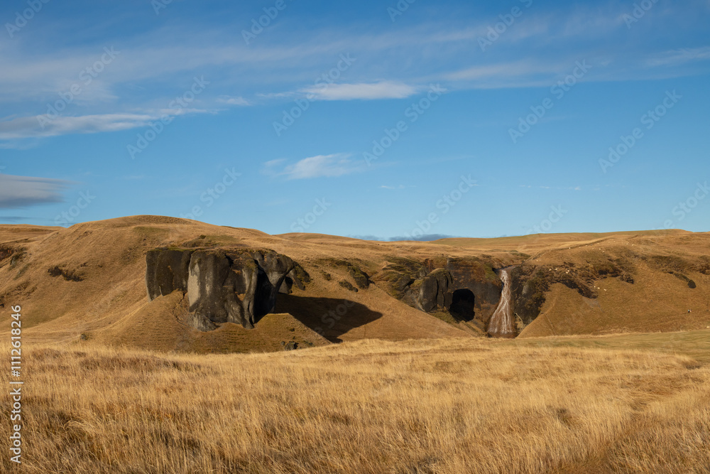 Field and Systrastapi rock in the autumn, Iceland