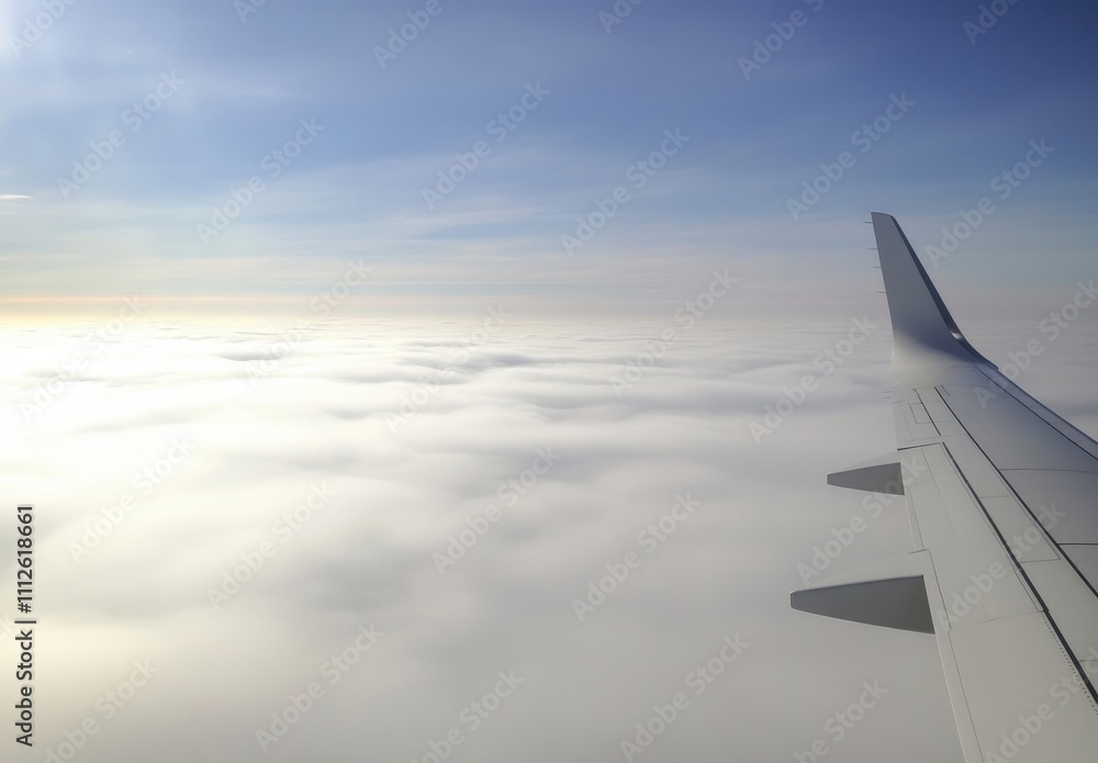 Fototapeta premium Aerial View of Airplane Wing Above Soft White Clouds with a Beautiful Blue Sky in the Background Capturing the Essence of Travel and Exploration