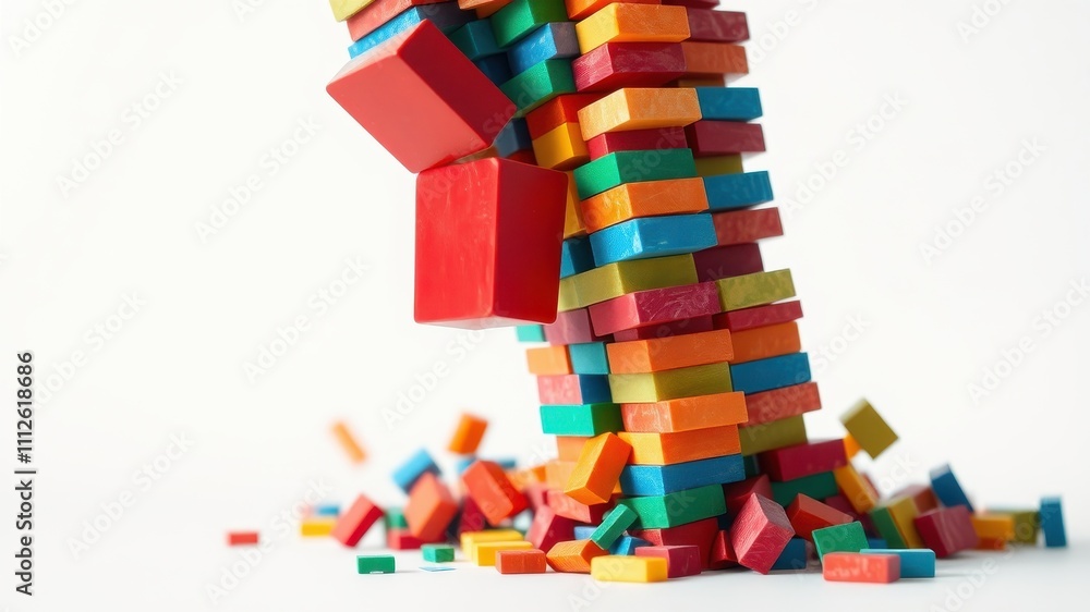Fototapeta premium A colorful tower of blocks is about to collapse as one block falls out, creating a cascade of color.