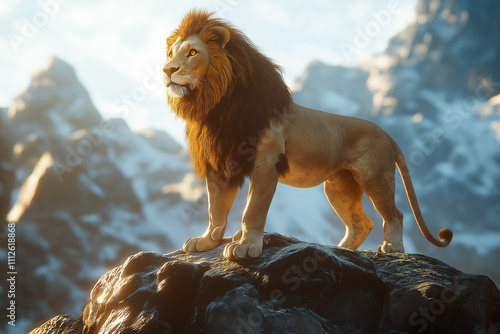 A majestic lion stands atop a mountain, bathed in golden sunlight. photo