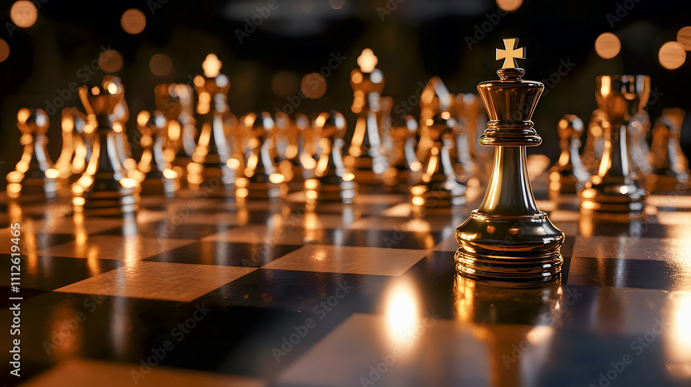 Elegant chess pieces illuminated by warm bokeh lights creating a captivating atmosphere for strategic gameplay and competition Elegant chess pieces illuminated by warm bokeh lights creating a captivating atmosphere for strategic gameplay and competition
