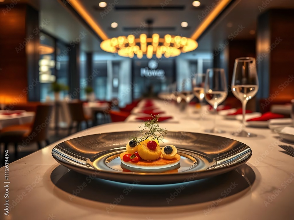 Elegant fruit dessert on modern metallic plate in upscale restaurant. Elegant fruit dessert on modern metallic plate in upscale restaurant.