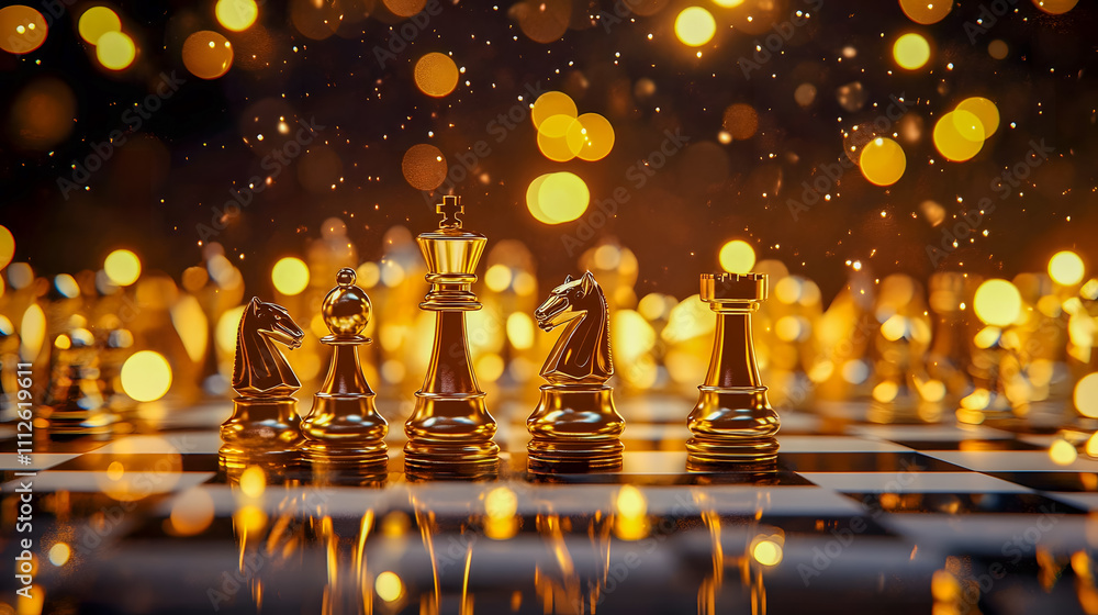 Elegant chess pieces with a golden glow on a reflective chessboard surrounded by a magical bokeh background of sparkling lights Elegant chess pieces with a golden glow on a reflective chessboard surrounded by a magical bokeh background of sparkling lights