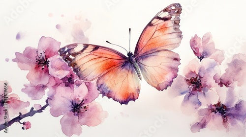 A watercolor painting of a butterfly among blooming flowers.
