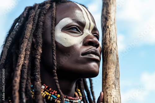 Portrait of an African woman with dreadlocks. She is wearing traditional, colorful African necklaces and has white face paint on her cheeks and forehead photo