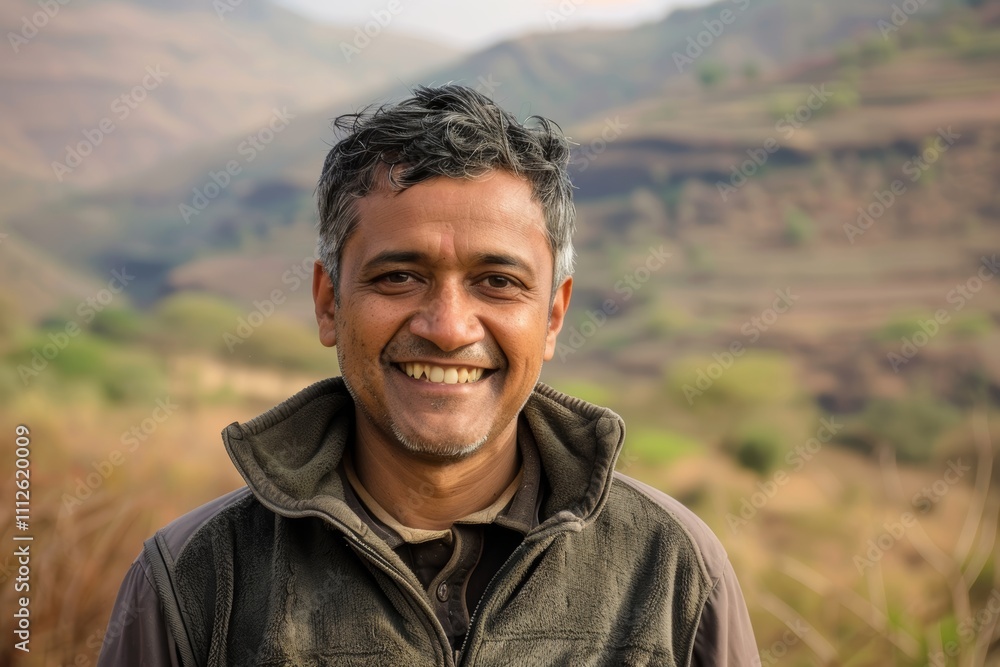 Portrait of a grinning indian man in his 30s wearing a thermal fleece pullover in quiet countryside landscape Portrait of a grinning indian man in his 30s wearing a thermal fleece pullover in quiet countryside landscape