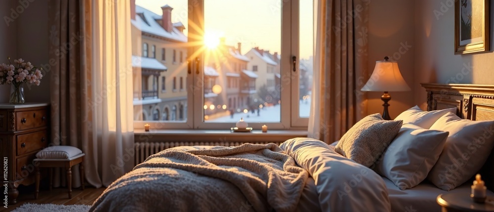 Cozy Winter Bedroom Snowy City View AI Photo, Sunny Morning Cozy Winter Bedroom Snowy City View AI Photo, Sunny Morning