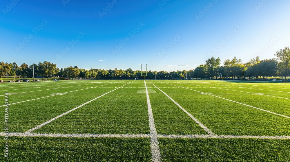 Obraz premium An aerial view of a freshly mowed football field with crisp white lines and goalposts under a clear blue sky