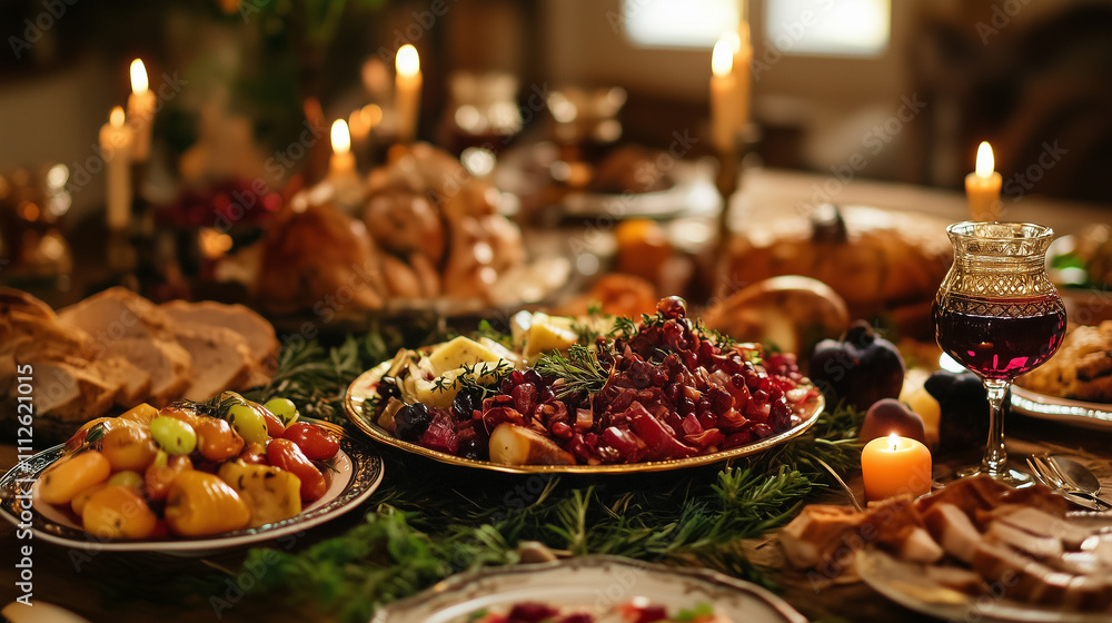 Close up on traditional festive dinner on a table Close up on traditional festive dinner on a table