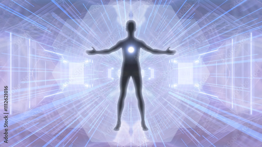 Silhouette of a Man in a Blue Tunnel of Light, Meditation Cover, Thumbnail Silhouette of a Man in a Blue Tunnel of Light, Meditation Cover, Thumbnail