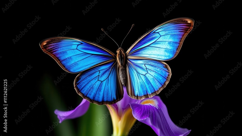 A vibrant blue butterfly with iridescent wings resting on a delicate purple flower, against a black background. A vibrant blue butterfly with iridescent wings resting on a delicate purple flower, against a black background.