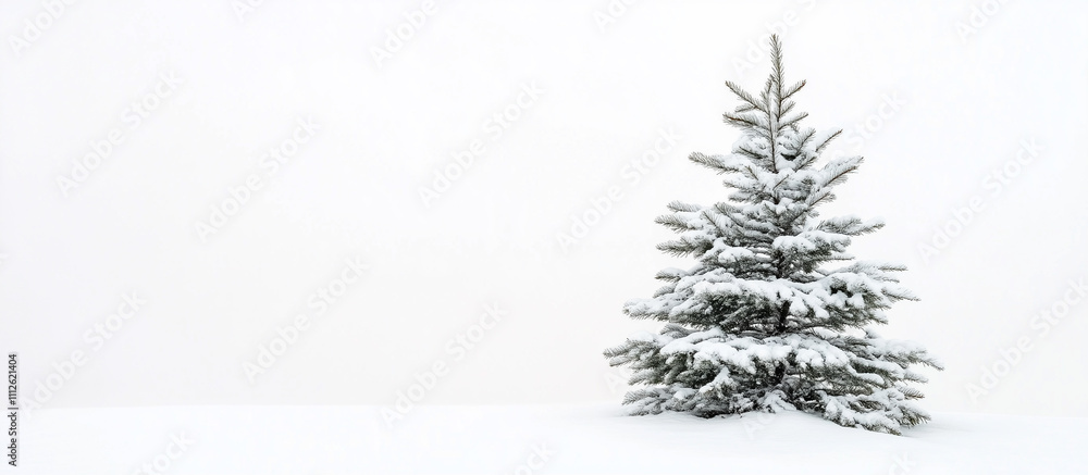 Spruce tree in snow with copy space isolated on white banner Spruce tree in snow with copy space isolated on white banner