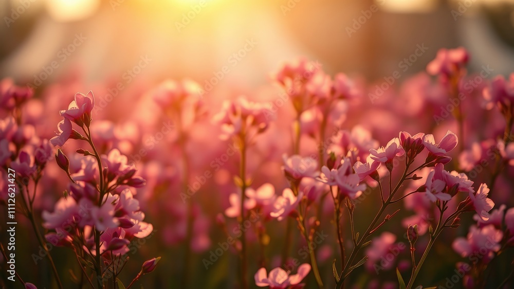 Obraz premium A field of delicate pink flowers bathed in the warm glow of the setting sun, creating a breathtaking spectacle of nature's artistry.