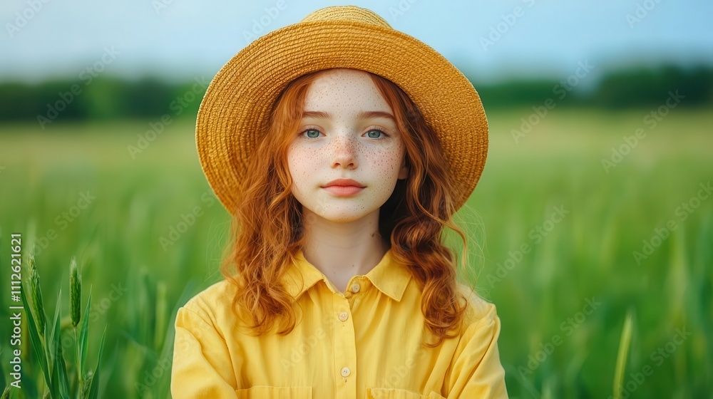 Obraz premium Freckled woman standing in a meadow, natural beauty, pure and peaceful atmosphere