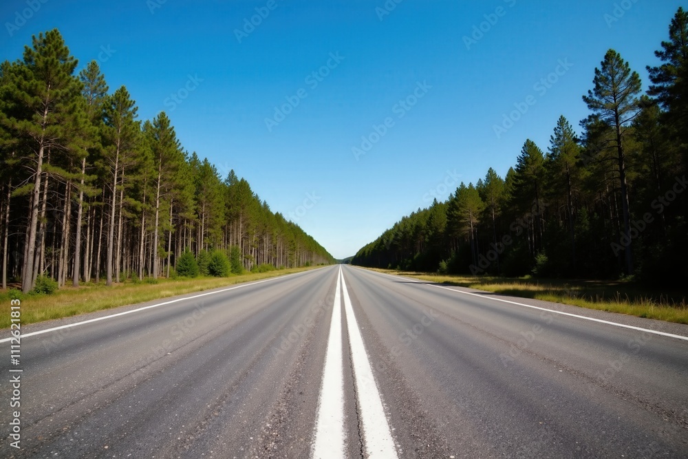Open highway through forested landscape under clear blue sky with endless horizon. Open highway through forested landscape under clear blue sky with endless horizon.