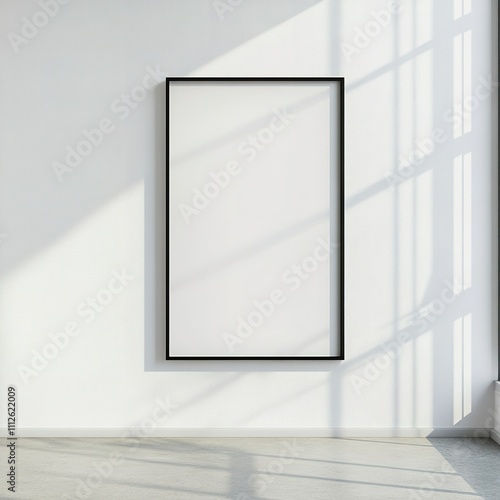 Blank vertical poster frame on white wall with shadows