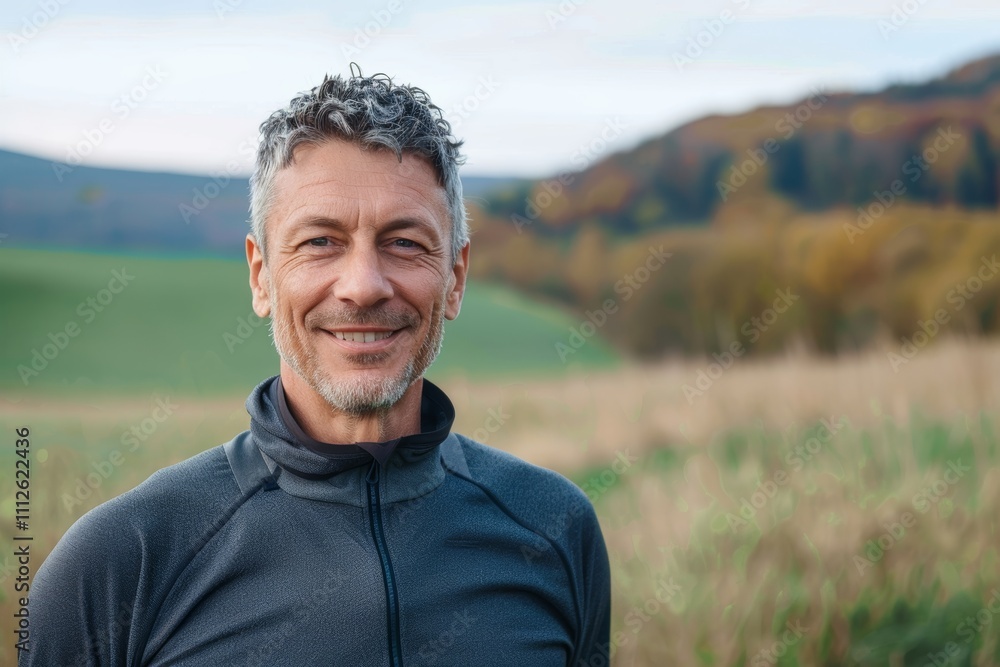 Portrait of a happy man in his 50s showing off a lightweight base layer isolated on quiet countryside landscape Portrait of a happy man in his 50s showing off a lightweight base layer isolated on quiet countryside landscape