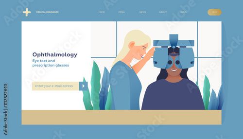 Ophthalmology. Eye Test and Prescription Glasses. Medical Specialist Hold Optometry Machine while Patient Perform Eye Test. Modern Flat Vector Illustration. Landing Page Template. Website Banner.