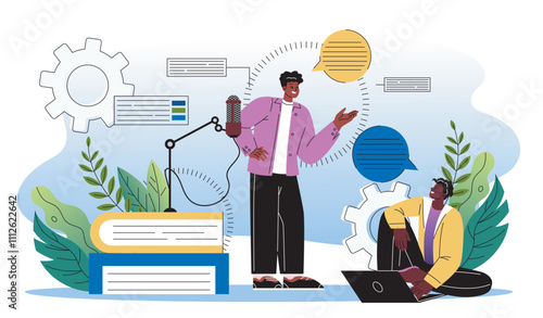 Online rhetoric concept. Two men communicate with each other. Rhetoric school for development oratory skills. Remote education and learning. Flat vector illustration