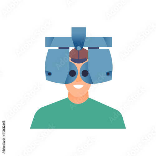 Ophthalmology. Eye Test and Prescription Glasses. Male Perform Eye Test Use Optometry Machine in Medical Office. Modern Flat Vector Illustration. Social Media Template.