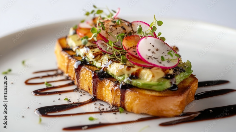 A vibrant slice of toasted bread is topped with creamy avocado, thinly sliced radishes, and drizzled with balsamic glaze. Fresh herbs add a pop of color, showcasing a healthy and appetizing dish. A vibrant slice of toasted bread is topped with creamy avocado, thinly sliced radishes, and drizzled with balsamic glaze. Fresh herbs add a pop of color, showcasing a healthy and appetizing dish.