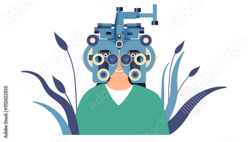 Ophthalmology. Eye Test and Prescription Glasses. Female Perform Eye Test Use Optometry Machine on Abstract Background. Modern Flat Vector Illustration. Social Media Template.