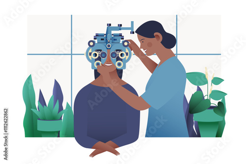 Ophthalmology. Eye Test and Prescription Glasses. Female Medical Specialist and Patient with Phoropter in Medical Office. Modern Flat Vector Illustration. Social Media Template.