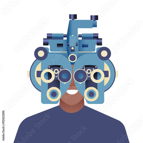 Ophthalmology. Eye Test and Prescription Glasses. Male Perform Eye Test Use Optometry Machine. Modern Flat Vector Illustration. Social Media Template.