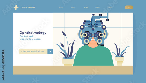 Ophthalmology. Eye Test and Prescription Glasses. Female Perform Eye Test Use Optometry Machine in Medical Office. Modern Flat Vector Illustration. Landing Page Template. Website Banner.