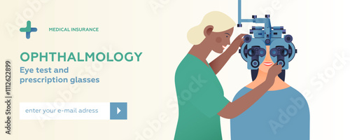 Ophthalmology. Eye Test and Prescription Glasses. Female Medical Specialist and Patient with Phoropter. Modern Flat Vector Illustration. Website Banner. Social Media Template.