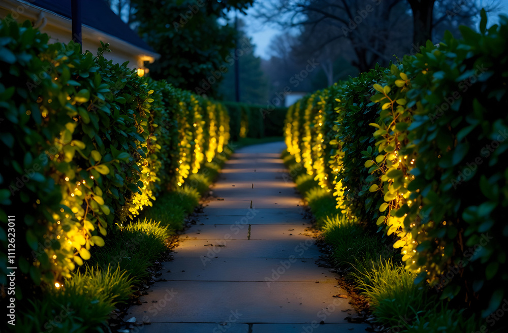 Beautifully lit walkway surrounded by lush greenery and glowing foliage, offering a cozy and tranquil outdoor setting. Selective focus. Ideal for creative advertising or seasonal branding campaigns Beautifully lit walkway surrounded by lush greenery and glowing foliage, offering a cozy and tranquil outdoor setting. Selective focus. Ideal for creative advertising or seasonal branding campaigns