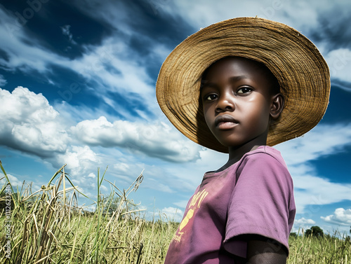 A young black child stands in a sprawling rice field, wearing a straw hat. The sky displays vibrant clouds against a bright backdrop, creating a serene rural atmosphere. Generative AI