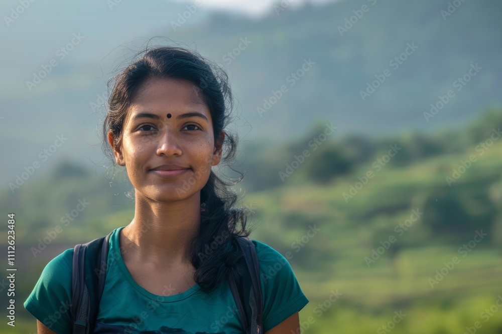Portrait of a tender indian woman in her 20s sporting a technical climbing shirt isolated in quiet countryside landscape Portrait of a tender indian woman in her 20s sporting a technical climbing shirt isolated in quiet countryside landscape
