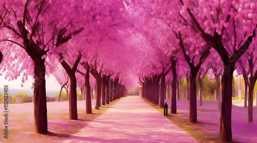 Pink Blossom Trees Line Serene Pathway Walkway