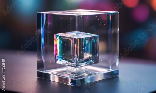 Crystal Cube within a Cube: Abstract art photography showcasing a mesmerizing smaller cube suspended inside a larger, transparent cube, creating an illusion of depth and intrigue. The vibrant. photo