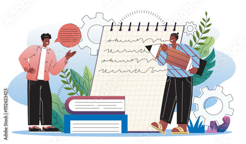 Rhetoric elocution specialist. Two men with pencil near notepad. Rhetoric school for development oratory skills. Remote education and learning. Flat vector illustration