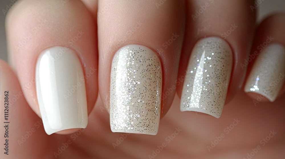 Obraz premium A minimalist glitter design featuring a single glitter accent nail on an otherwise glossy white manicure