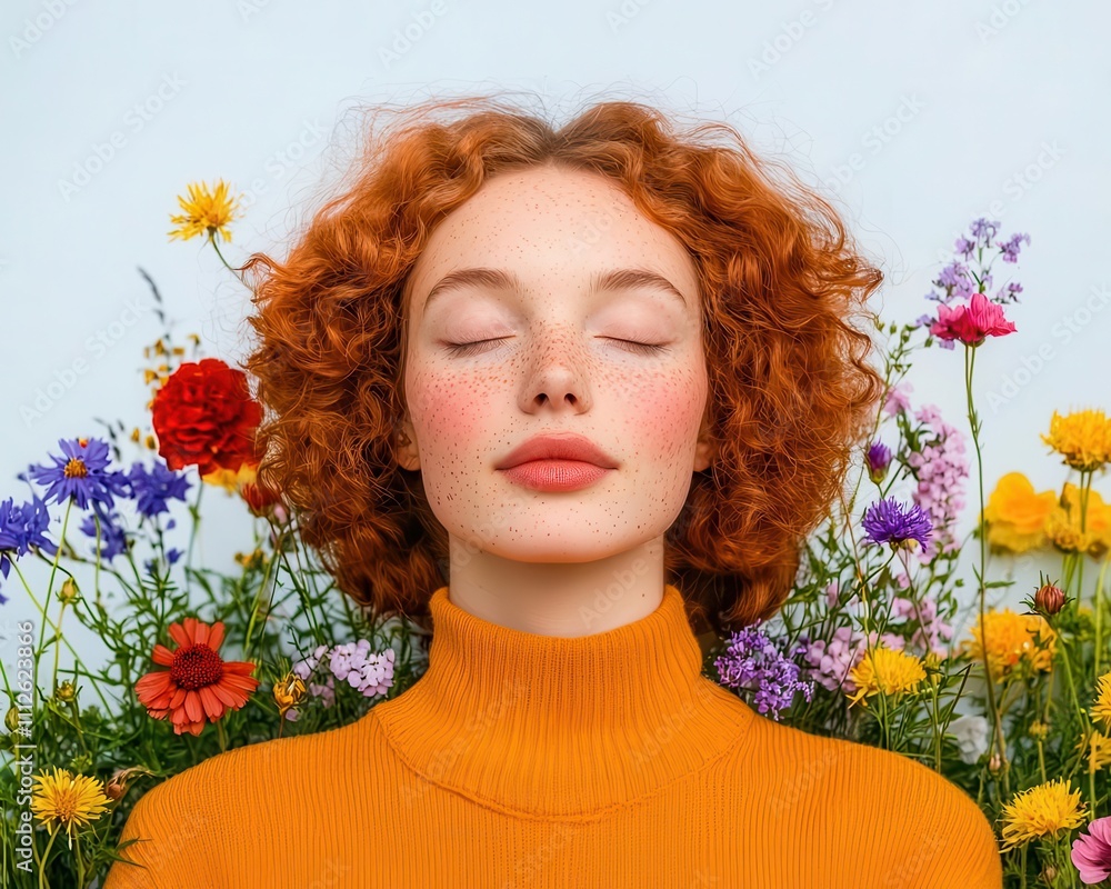 Naklejka premium Freckled woman in a field of wildflowers, natural beauty, pure and organic vibe