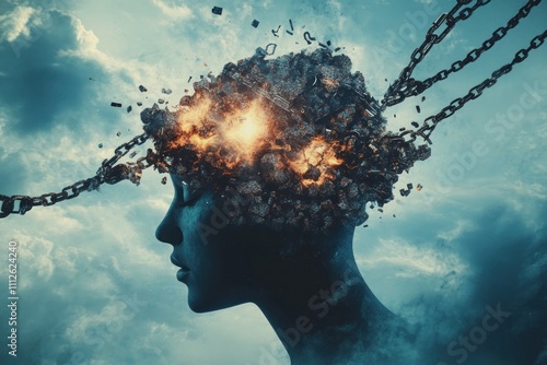 Surreal head with chains, bursting into light pieces.