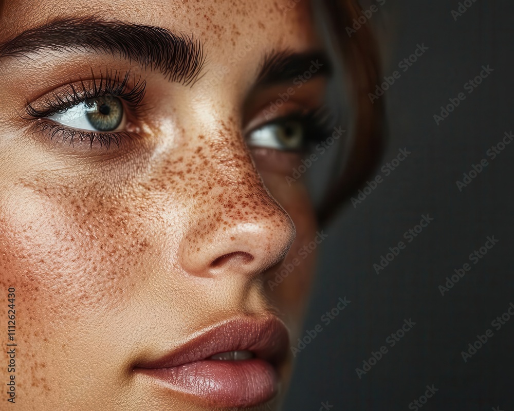 Naklejka premium Freckled woman with clear skin in soft lighting, natural beauty, pure and delicate details