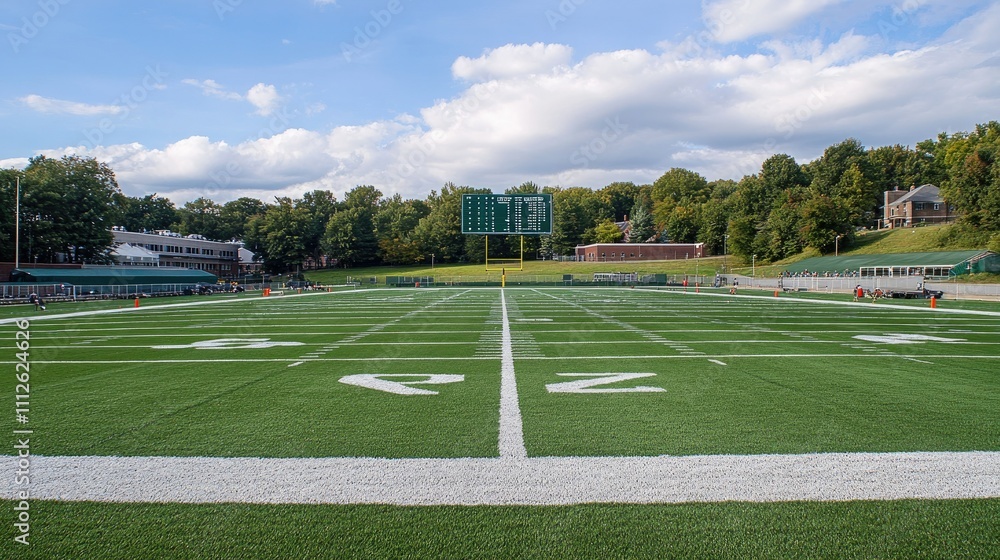Fototapeta premium A pristine football field with freshly painted yard lines and a scoreboard displaying zeroes