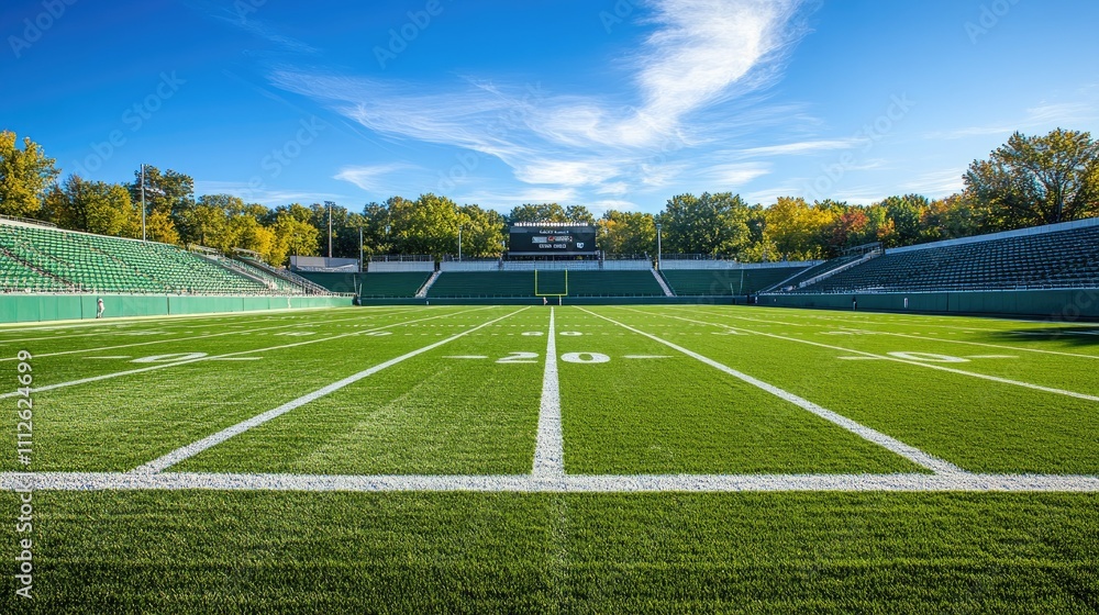 Fototapeta premium A professional stadium football field seen from the stands, with vivid green turf and empty seating