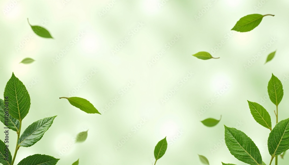 Fototapeta premium Soft Green Backdrop with Cascading Fresh Leaves of Green Tea. Airy, Natural Foliage. Eco-Friendly, Organic Vibes for a Sustainable Aesthetic, Vegan, eco, organic leaves.