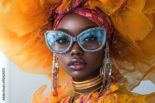 Bold fashion portrait featuring a culturally symbolic outfit with vibrant modern aesthetics, blending tradition and innovation, photo